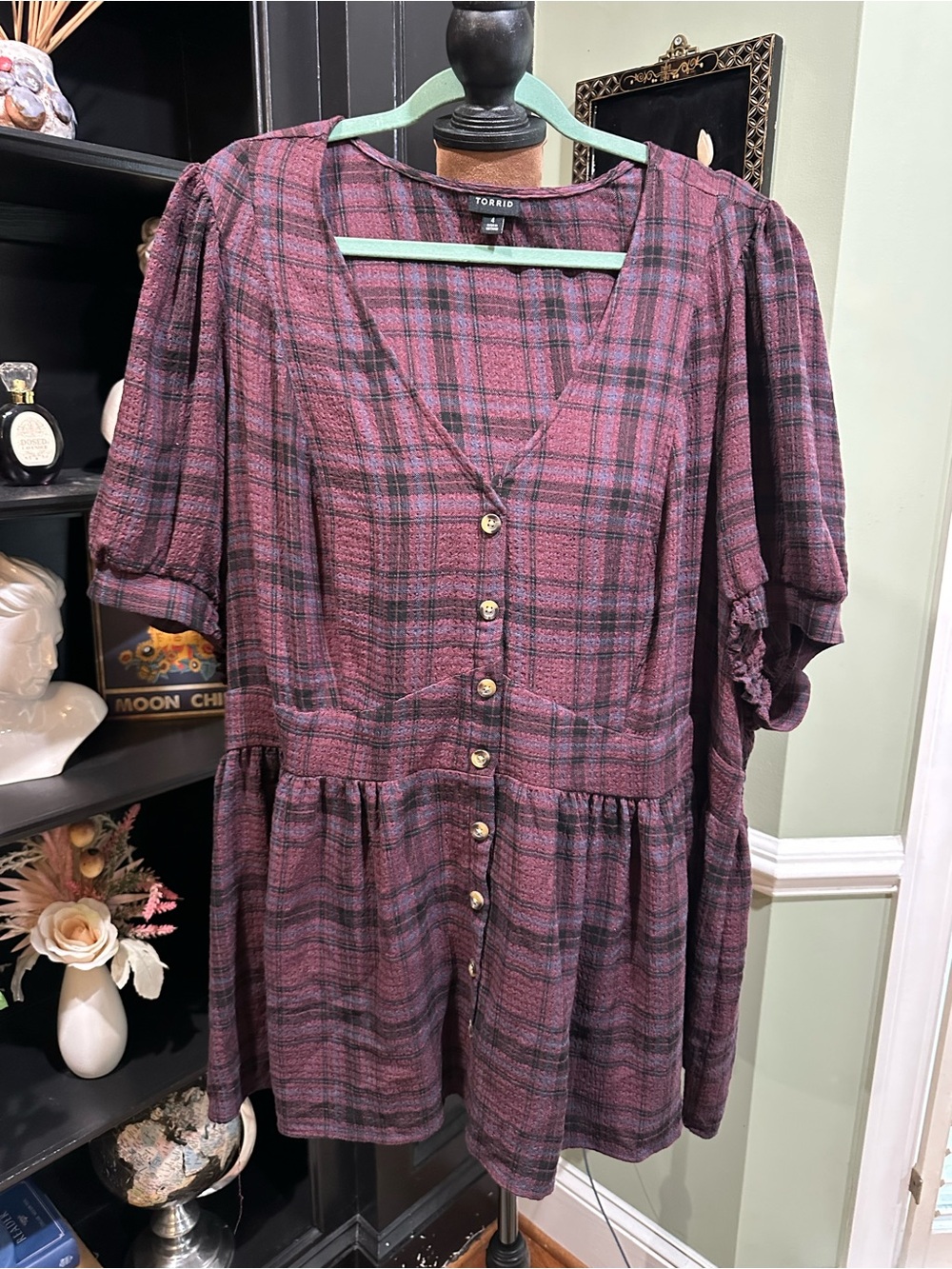 Torrid Plum & Black Plaid Babydoll Button‑Up Top – Size 4X